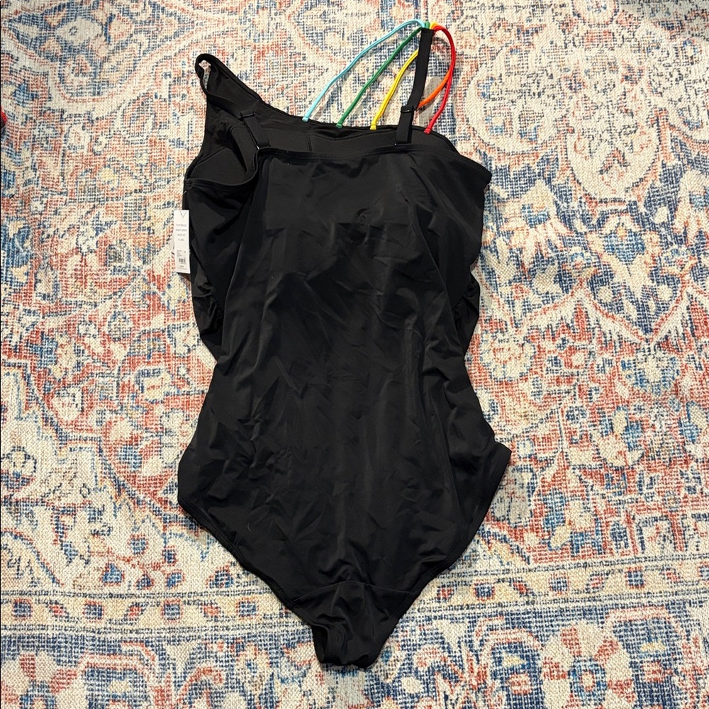 Cacique Rainbow Strap Solid Black Lightly Lined One Piece Swimsuit SZ 24 NWT - Picture 4 of 5